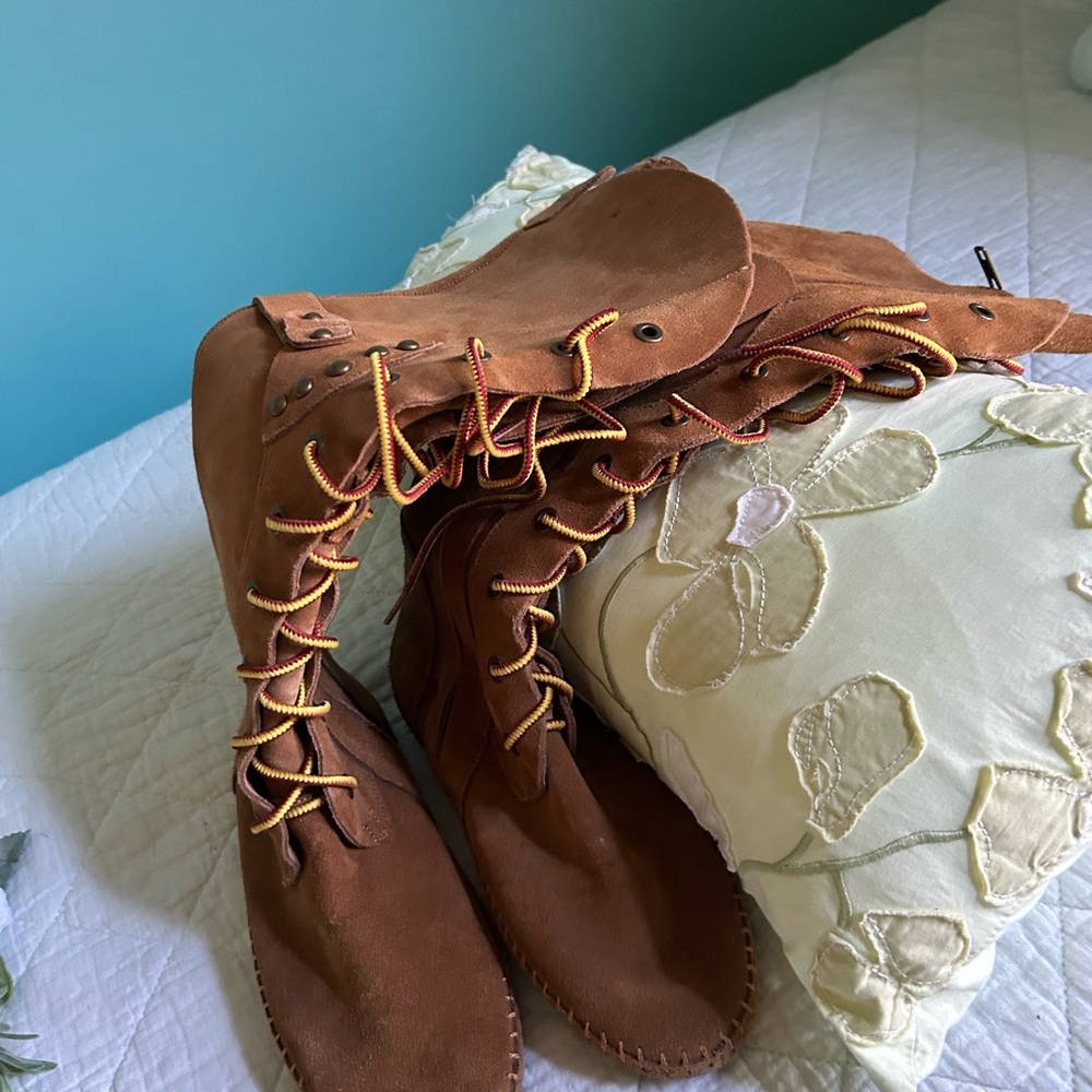 Peace Mocs Lace Up Suede Leather Boho Hippie Tall Moccasin Boots 7 - Picture 12 of 14